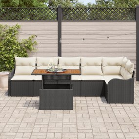 Conjunto de Sofá de Jardim de 7 Peças com Almofadas Preto Rattan Polié