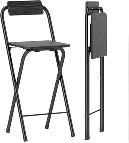 Conjunto de 2 bancos de bar dobráveis com encosto e apoio para os pés, estrutura em aço, 87 cm de altura, preto