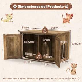 Móvel 51 x 36,5 x 50,5 cm para caixa de areia para gatos (NÃO INCLUIDA) com tampa rebatível e portas tipo celeiro Divisória removível para facilitar a