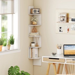 Estante de canto 20 x 20 x 126 cm de 5 níveis Organizador de armazenamento montado na parede para sala, quarto e cozinha Branco
