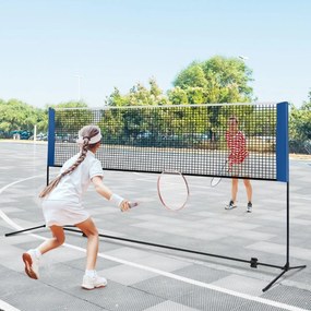 Rede de badminton 310 cm portátil ajustável em altura com postes, bolsa de transporte e 2 penas para interior e exterior azul.