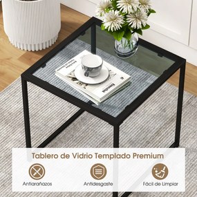 Mesa de apoio quadrada Jardim ou sala com estrutura metálica de vidro temperado para sala de estar Terraço Jardim 43 x 43 x 45 cm Preto