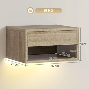 Conjunto de 2 Mesas de Cabeceira Flutuantes 37x32x21 cm com Luzes LED RGB Controlo por APP e Prateleira Aberta Madeira