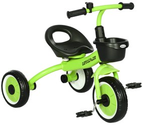 Triciclo para Crianças de 2 a 5 anos com Assento Ajustável Cesta Buzina e Pedais e 3 Rodas 70,5x53x58 cm Verde