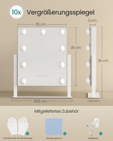 Espelho de maquilhagem 25 x 30 cm com iluminação e 9 lâmpadas LED, branco
