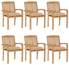 vidaXL Cadeiras de jardim empiháveis c/ almofadões 6 pcs teca maciça