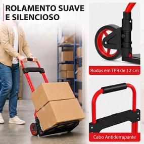 Carrinho de Carga Dobrável com Pega Telescópica Ajustável, 60 kg, com Rodas, para Garagem e Escritório, Vermelho