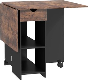 Mesa de Cozinha Dobrável com Rodas Laterais Rebatíveis Gaveta e Prateleiras para 2-4 Pessoas 120x72x75 cm Castanho rústico e preto
