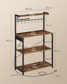 Armário cozinha 40 x 80 x 140 cm com tomadas e com 4 níveis e 8 ganchos em S Castanho vintage-Preto
