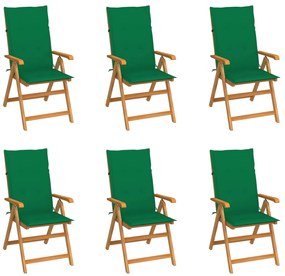 vidaXL Cadeiras de jardim c/ almofadões verdes 6 pcs teca maciça