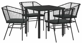 Conjunto de jantar de jardim com 5 peças e almofadas pretas em rattan