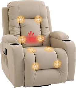 Poltrona de Massagem Reclinável até 145° com 8 Pontos de Massagem por Vibração Função de Aquecimento 82x99x103 cm Creme
