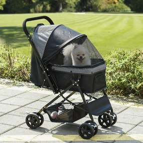 Carrinho dobrável para cães e animais de estimação, com 4 rodas em EVA, guiador ajustável e cesto, 76,5 x 52 x 95 cm preto