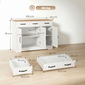 Aparador de cozinha 108 x 40 x 81 cm, móvel de arrumação com 3 portas de estilo celeiro, 2 gavetas e prateleiras ajustáveis, branco, castanho