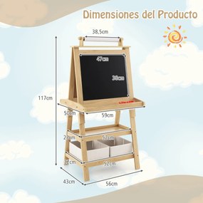 Quadro infantil de dupla face 3 em 1 com 2 prateleiras, 2 caixas e tabuleiro grande 59 x 50 x 117 cm - Natural