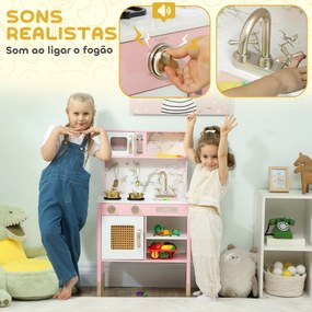 Cozinha de Brincar em Madeira com Som Acessórios em Aço Inoxidável Micro-Ondas Forno Lava-Loiças Legumes para Cortar 55x24x96 cm Rosa