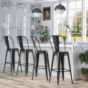 Conjunto de 4 bancos de bar empilháveis, estilo industrial, com encosto e apoio para os pés, altura do assento de 76 cm, em metal preto