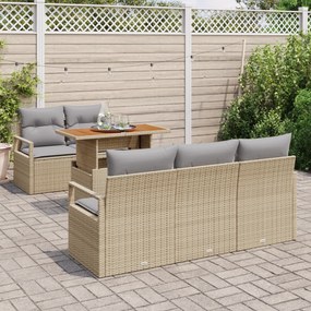 Conjunto de Sofá de Jardim 6 Peças com Almofadas Bege em Vime Poliéste