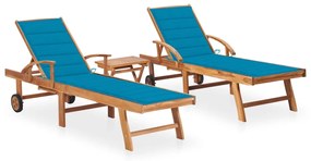vidaXL Espreguiçadeiras com mesa e almofadão 2 pcs teca maciça