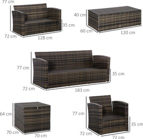 Conjunto de Jardim Exterior de Vime 6 Peças Almofadas Sofá de Dois Lugares Sofá de Três Lugares 2 Cadeiras 2 Mesas Auxiliares Cáqui