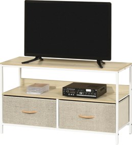 Móvel de TV baixo com pés, estilo industrial, com 2 gavetas, em tecido cinzento, madeira natural e metal branco