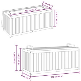 Caixa almofadões de exterior 110x45x42/53 cm acácia maciça/aço