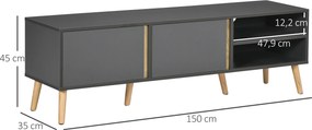 Móvel de TV para televisores até 55 polegadas, estilo escandinavo, com 2 portas e 2 nichos, com passadores de cabos, 150 x 35 x 45 cm, cinzento escuro