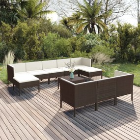 vidaXL 11 pcs conjunto lounge jardim c/ almofadões vime PE castanho