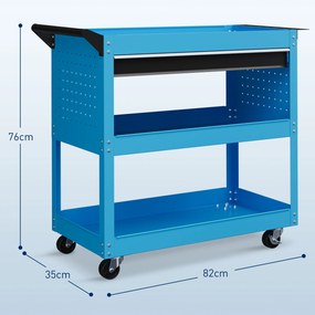 Carrinho de Ferramentas com 3 Bandejas e Gaveta Rodas com Travões Pega Lateral Painel Lateral Perfurado 82x35x76 cm Azul