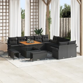 Conjunto de Sofá de Jardim de 13 Peças com Almofadas Preto Rattan Acác