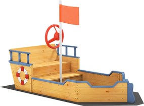 Outsunny Caixa de Areia Infantil de Madeira Desenho de Galeão com Assento 2 Degraus Bandeira Vermelha 158x78x45,5cm Natural | Aosom Portugal