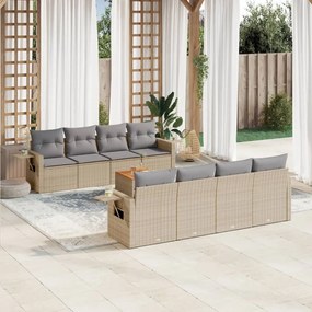 9 pcs conj. sofás jardim c/ almofadões vime PE bege misturado
