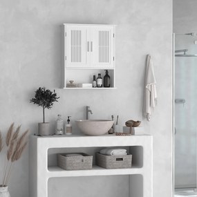 Armário de Parede Casa de Banho com Armazenamento 2 Portas em Ripas Prateleira Ajustável e Compartimento 60x20x70 cm Branco