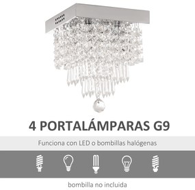 HOMCOM Candeeiro de Teto de Cristal K9 Moderna com 4 Suporte para Lâmpadas G9 e Base de Aço Inoxidável Candeeiro de Aranha para Sala de Jantar Dormitório Sala de Estar Ø25x29cm Prata