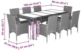 9pcs conjunto jantar jardim c/almofadões vime PE/vidro castanho
