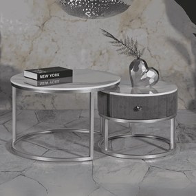 CONJUNTO DE MESAS DE CAFÉ CINZENTAS 2 PEÇAS CM Ø 70X45-50X40 CINZA E PRATA