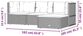 4 pcs conjunto lounge de jardim c/ almofadões vime PE cinzento