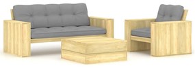 vidaXL 3 pcs conjunto lounge de jardim com almofadões pinho impregnado