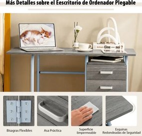 Secretária dobrável para computador 105 x 50 x 74 cm com 3 gavetas de armazenamento e rodas bloqueáveis Cinza