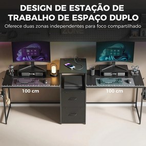Mesa Gaming Dupla de 244 cm com Estação de Carga Portos USB Suportes para Monitor Gavetas de Tecido Preto