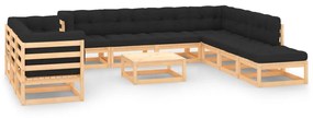 vidaXL 11 pcs conj. lounge jardim c/ almofadões antracite pinho maciço