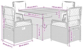 5 pcs conjunto de jantar p/ jardim com almofadões vime PE bege