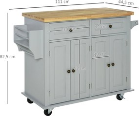 Carrinho Ilha de Cozinha com Rodas 2 Gavetas 4 Portas Suporte para Temperos e Barra Lateral 111x44,5x82,5 cm Cinzento e Madeira