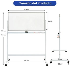 Quadro branco magnético de dupla face móvel Quadro de apagar a seco ajustável com 6 marcadores Apagador para escritório Escola 120 x 60 cm Branco