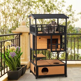 Casa para Gatos de Madeira 75,5x75x137 cm Abrigo para Gatos com Telhado Asfáltico Plataformas e Ninho Natural