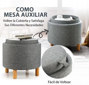 Pufe de arrumação redondo com tabuleiro de arrumação almofadado com arrumação  com pernas de madeira antiderrapantes Cinzento