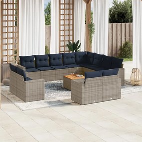 13 pcs conjunto sofás p/ jardim c/ almofadões vime PE cinzento
