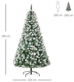 HOMCOM Árvore de Natal Artificial 180cm com 800 Ramos e 61 Pinhas Folhas de PVC com Efeito de Neve Base Dobrável e Suporte Metálico para Interiores Verde