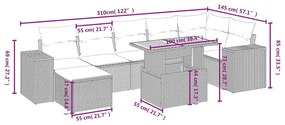 8 pcs conjunto sofás de jardim c/ almofadões vime PE cinzento