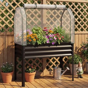 Floreira elevada com estufa 112 x 55 x 152 cm, canteiro de jardim em metal galvanizado com cobertura de proteção e porta enrolável para pátio, terraço